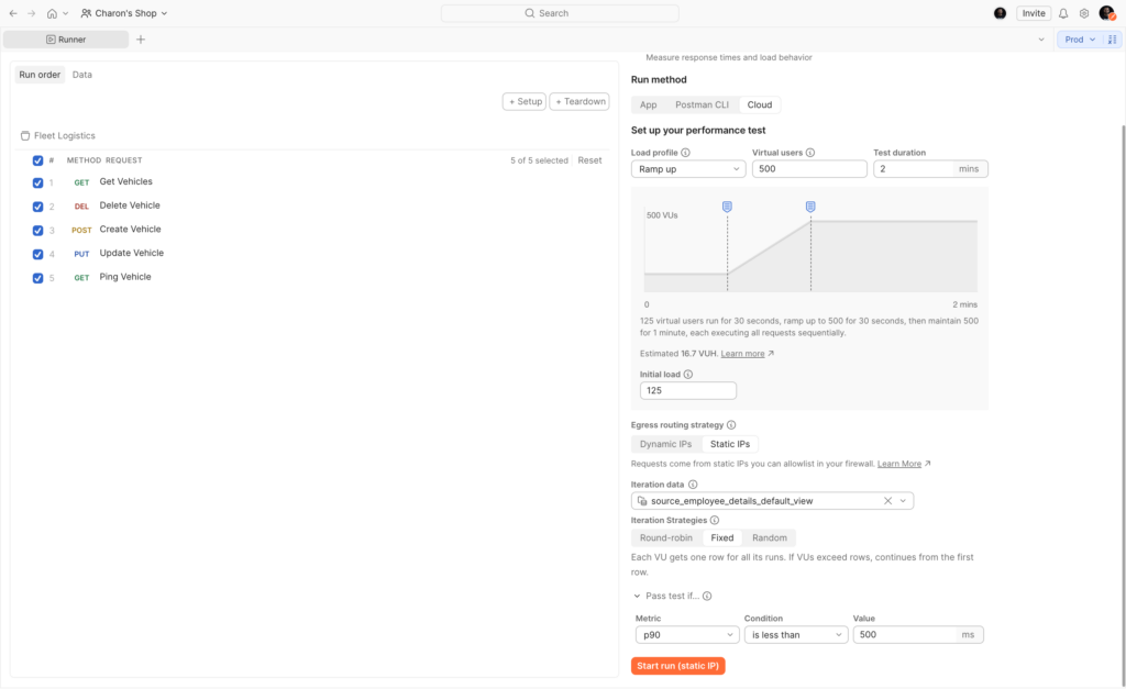Postman Collection Runner with Cloud run method and the Static IPs egress routing strategy selected for a performance test